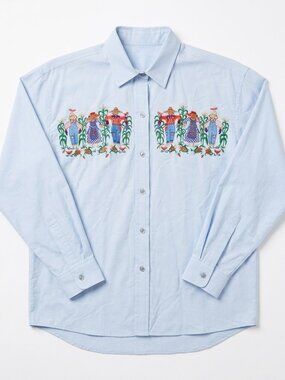 Vintage Fall Embroidered Button Up Shirt XL Light Blue Scarecrow Corn Farm 90s